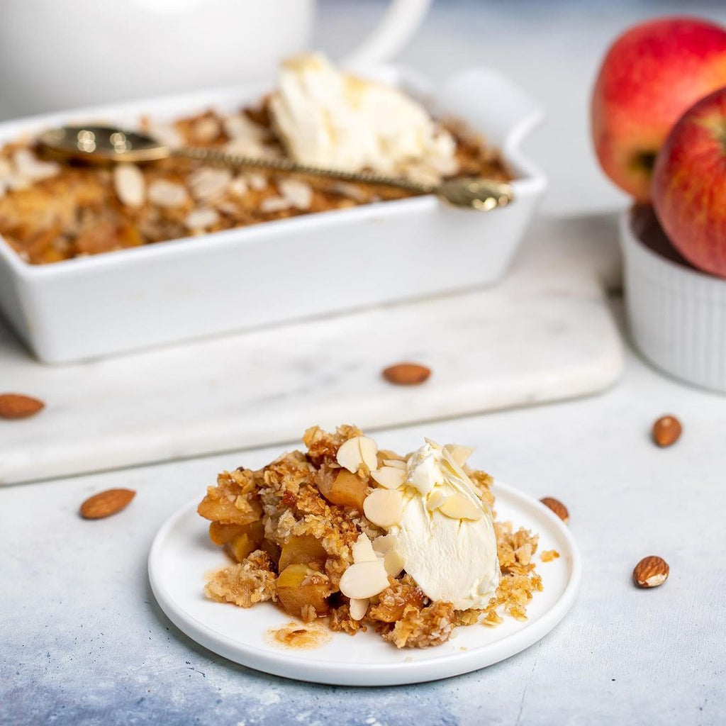 Healthy apple crumble made from almond pomace