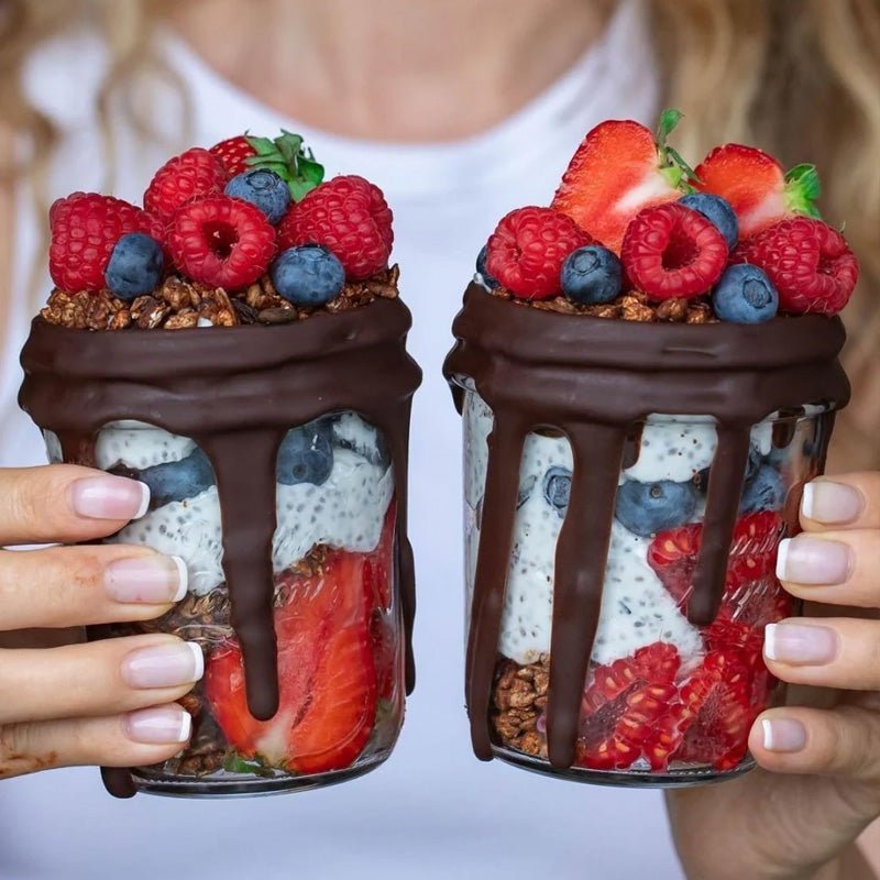 Chia pudding jar with chocolate granola
